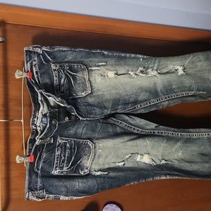 AMETHYST Plus Size Ladies Distressed Button Fly Denim Flare Jeans Size 18